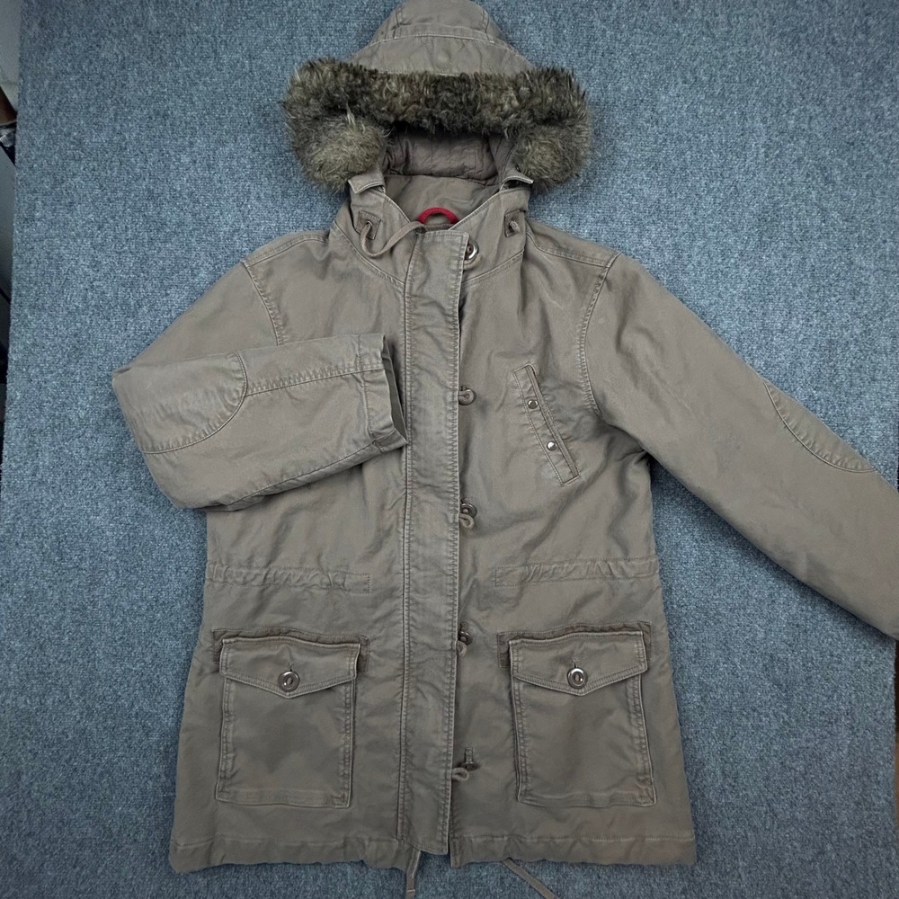 Gap Parka Jacket Mens XL Brown Faux Fur Hood Utility Quilted Cotton Coat Y2K VTG